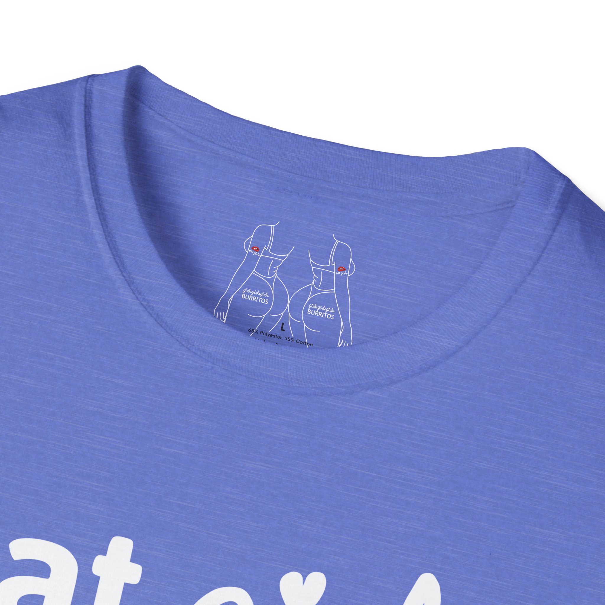 Close-up of inside neck label on Eat Girls tee with illustrated tag design