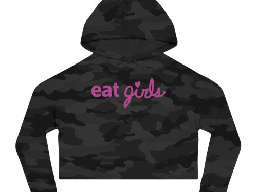 Camo cropped hoodie with pink "eat girls" logo on front