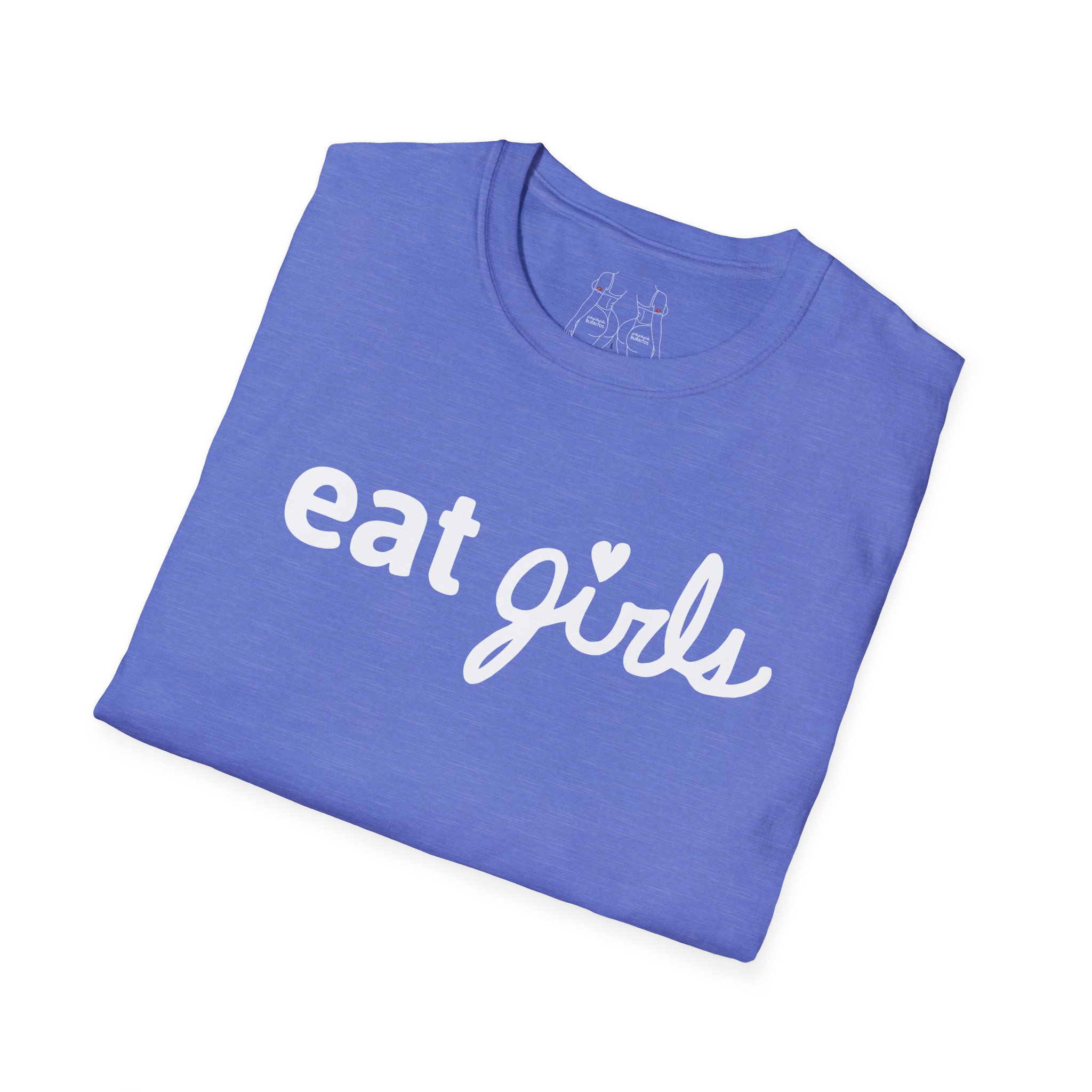 Folded Eat Girls tee showing full logo on front in heather royal