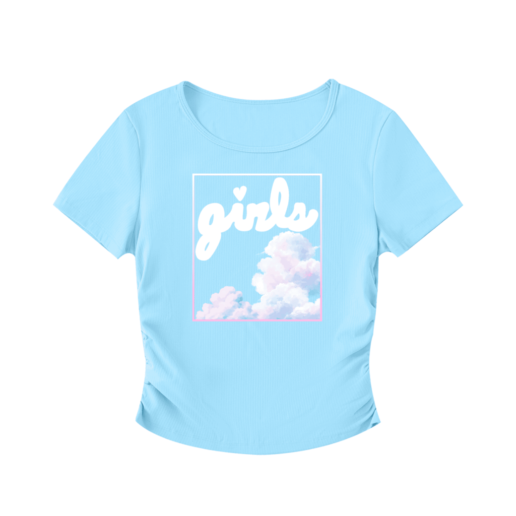 front view of baby blue ruched waist crop top with girls logo and pink clouds aesthetic