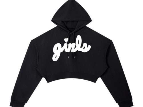 Front view of our black cropped hoodie with the girls logo in big white design on the front