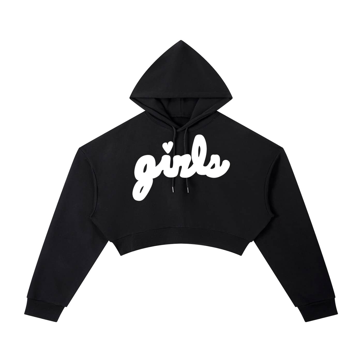 Front view of our black cropped hoodie with the girls logo in big white design on the front
