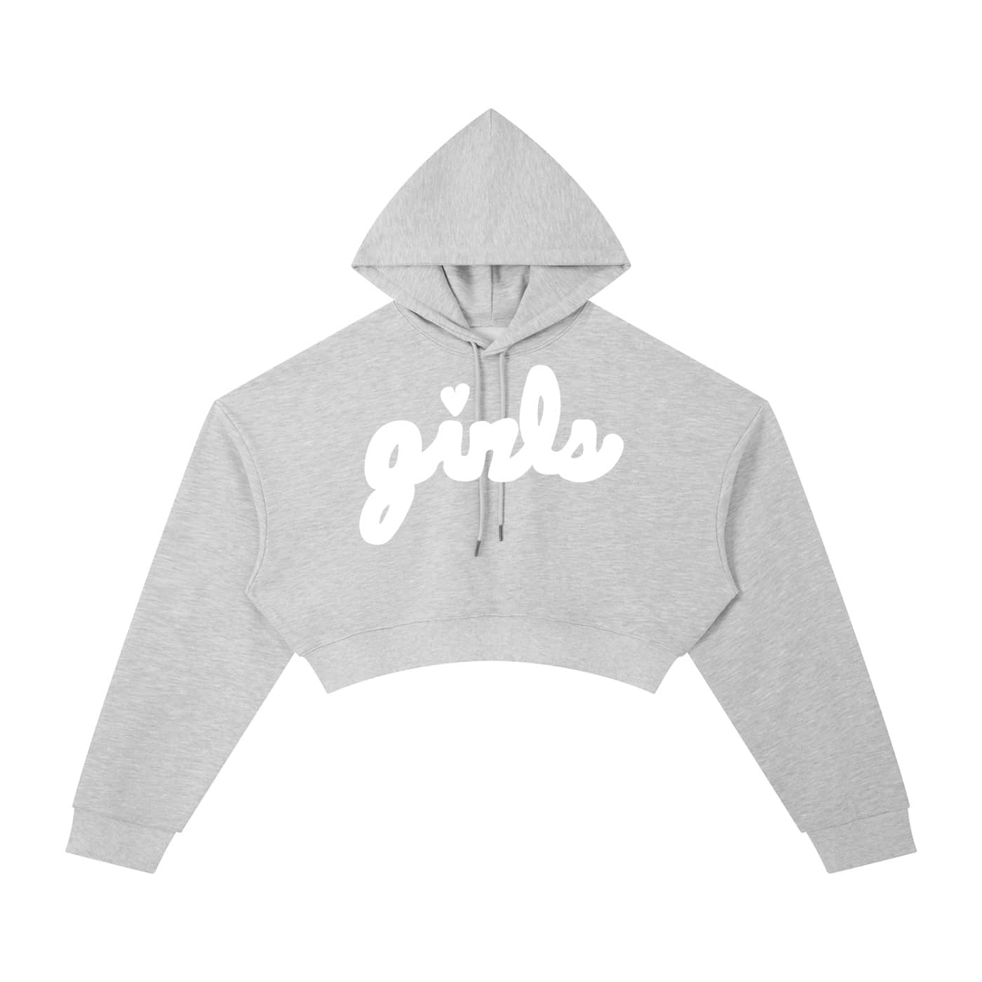 Front view of our gray cropped hoodie with the girls logo in big white design on the front