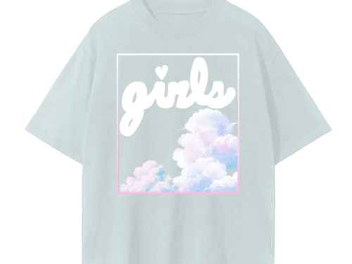 girls pink cloud aesthetic design on front of mint green drop shoulder unisex t-shirt