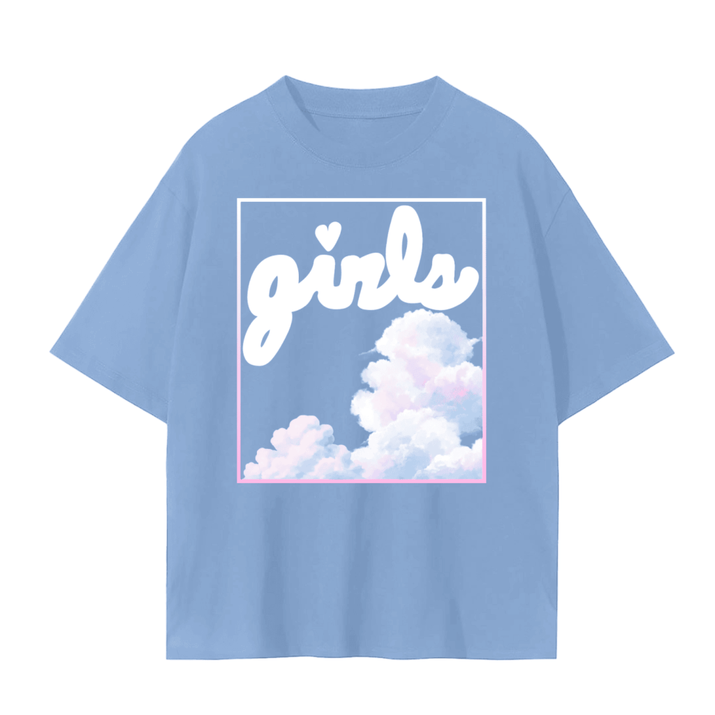 girls pink cloud aesthetic design on front of sky blue drop shoulder unisex t-shirt