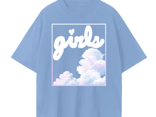 girls pink cloud aesthetic design on front of sky blue drop shoulder unisex t-shirt