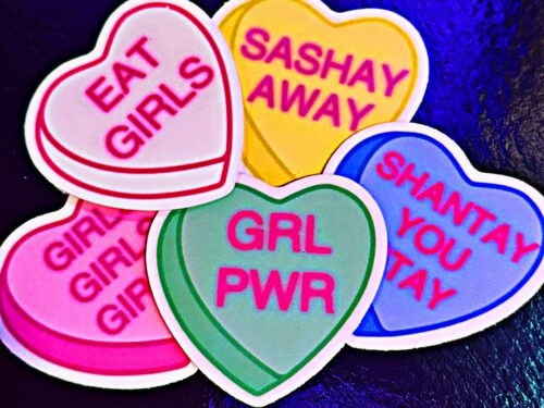 pack of five girls inspired conversation hearts stickers