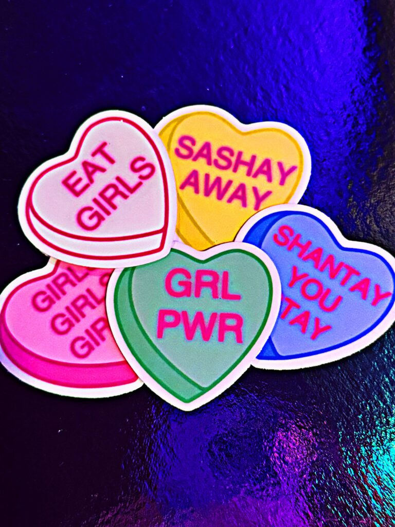 pack of five girls inspired conversation hearts stickers